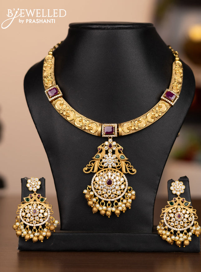 Antique neckalce peacock design with kemp & cz stones and pearl & golden beads hanging