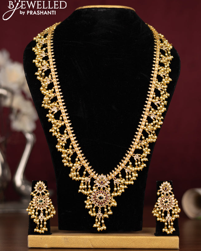 Antique guttapusalu haaram with kemp & cz stones and pearl hangings