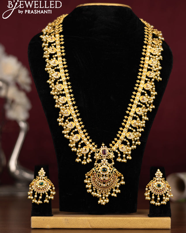 Antique guttapusalu haaram manga pattern with kemp & cz stones and pearl hangings