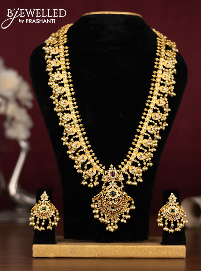 Antique guttapusalu haaram manga pattern with kemp & cz stones and pearl hangings