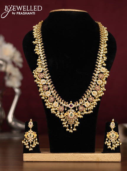 Antique guttapusalu haaram lkashmi & peacock design with kemp & cz stones and pearl hangings