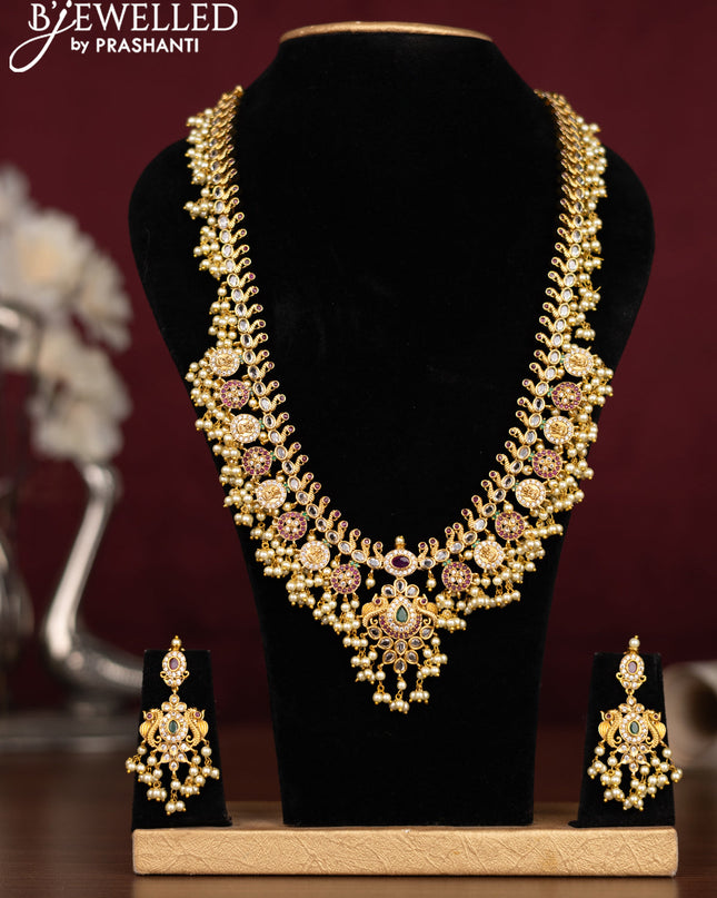 Antique guttapusalu haaram lkashmi & peacock design with kemp & cz stones and pearl hangings