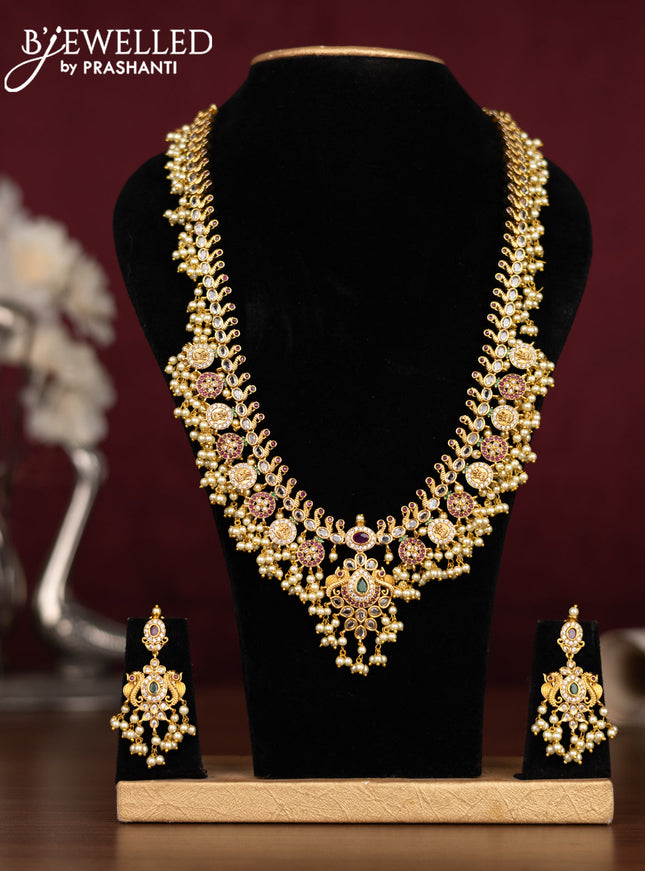 Antique guttapusalu haaram lkashmi & peacock design with kemp & cz stones and pearl hangings