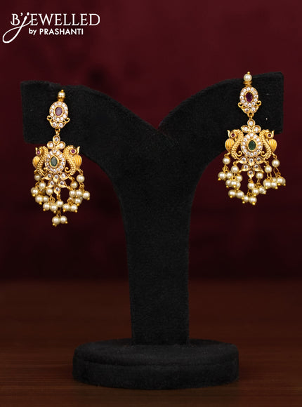 Antique guttapusalu haaram lkashmi & peacock design with kemp & cz stones and pearl hangings