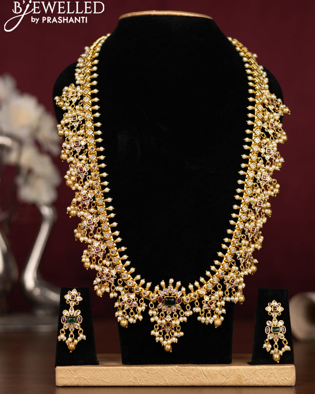 Antique guttapusalu haaram with kemp & cz stones and pearl & golden beads hanging