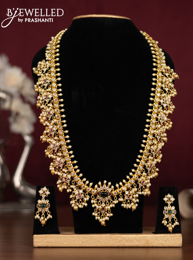 Antique guttapusalu haaram with kemp & cz stones and pearl & golden beads hanging