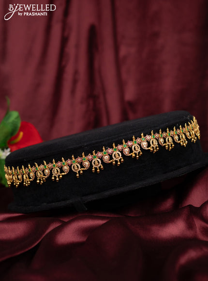 Antique hip chain manga & lakshmi design with kemp & cz stones and golden beads hanging