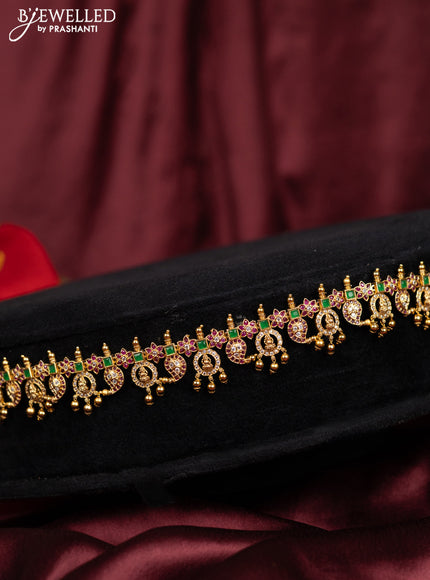 Antique hip chain manga & lakshmi design with kemp & cz stones and golden beads hanging