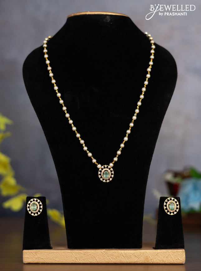Pearl necklace with mint green and cz stones