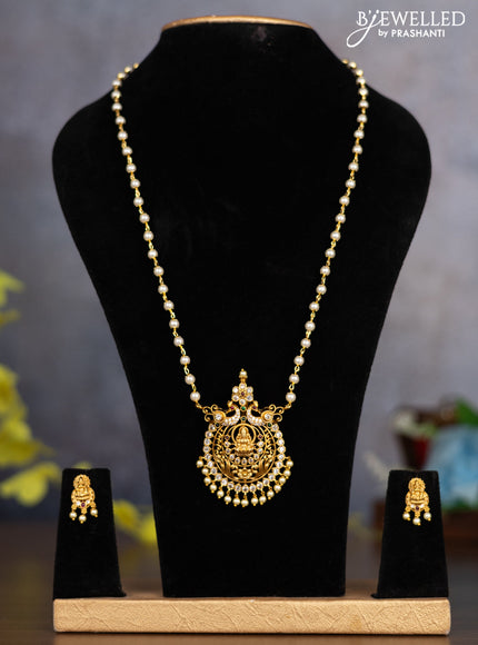 Pearl necklace lakshmi pendant with kemp & cz stones and pearl hangings