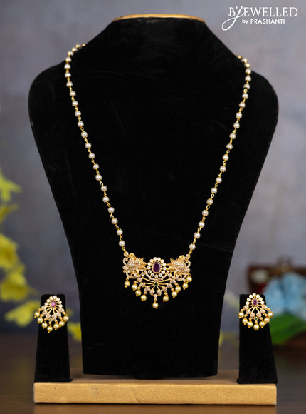 Pearl necklace peacock design with kemp & cz stones and pearl hangings