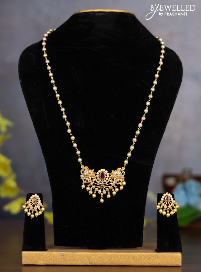 Pearl necklace peacock design with kemp & cz stones and pearl hangings