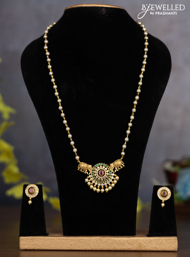 Pearl necklace elephant design with kemp & cz stones and pearl hangings