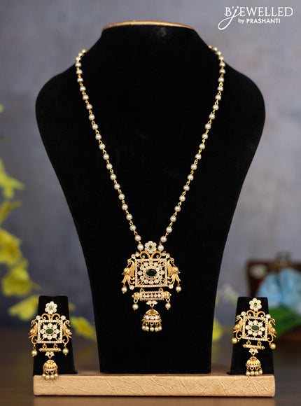Pearl necklace peacock design with kemp & cz stones and pearl hangings