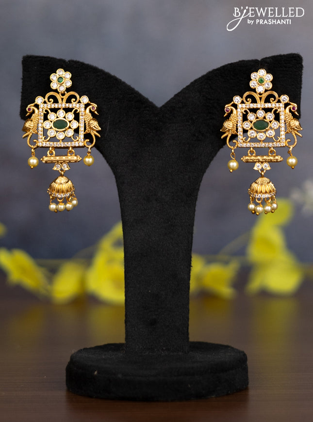 Pearl necklace peacock design with kemp & cz stones and pearl hangings