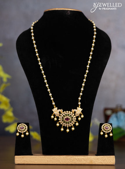 Pearl necklace peacock design with kemp & cz stones and pearl hangings
