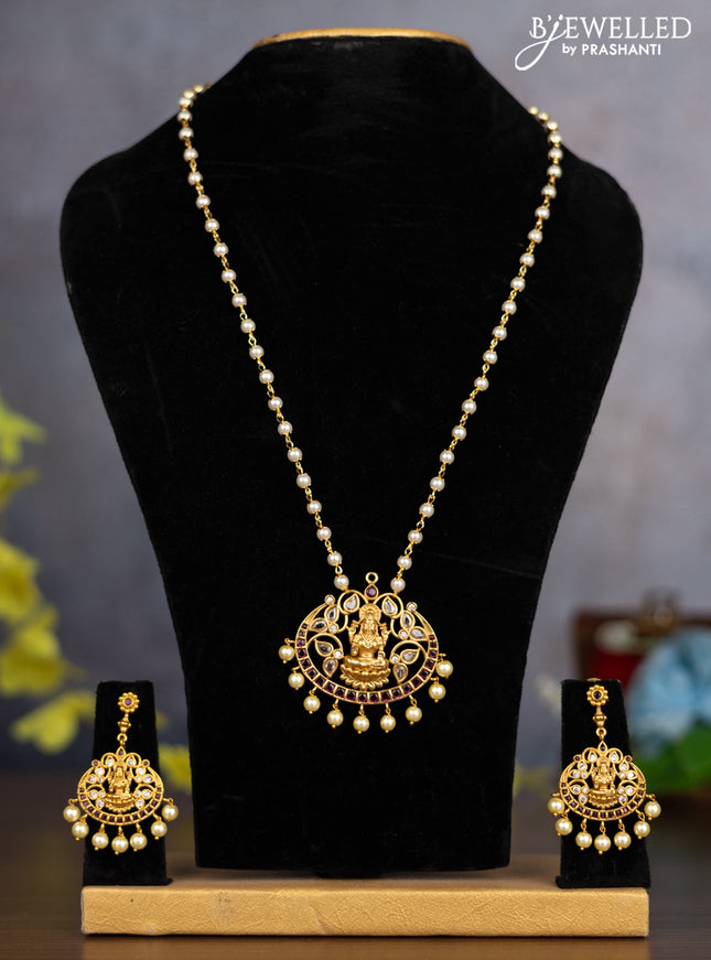 Pearl necklace lakshmi pendant with ruby & cz stones and pearl hangings