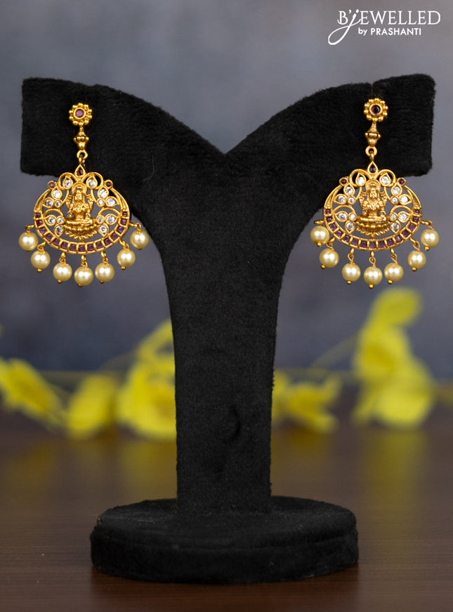 Pearl necklace lakshmi pendant with ruby & cz stones and pearl hangings