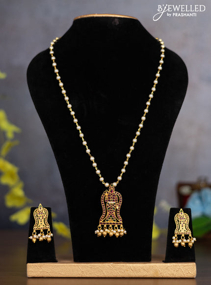 Pearl necklace tirupati balaji pendant with kemp & cz stones and pearl & golden beads hanging