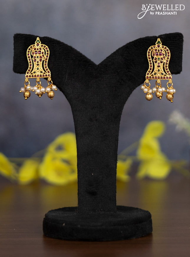 Pearl necklace tirupati balaji pendant with kemp & cz stones and pearl & golden beads hanging