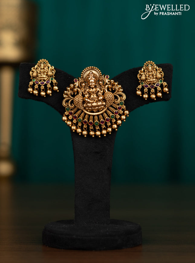 Antique pendant set lakshmi design with kemp & cz stones and golden beads hanging