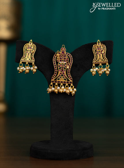 Antique pendant set tirupati balaji design with kemp & cz stones pearl & golden beads hanging