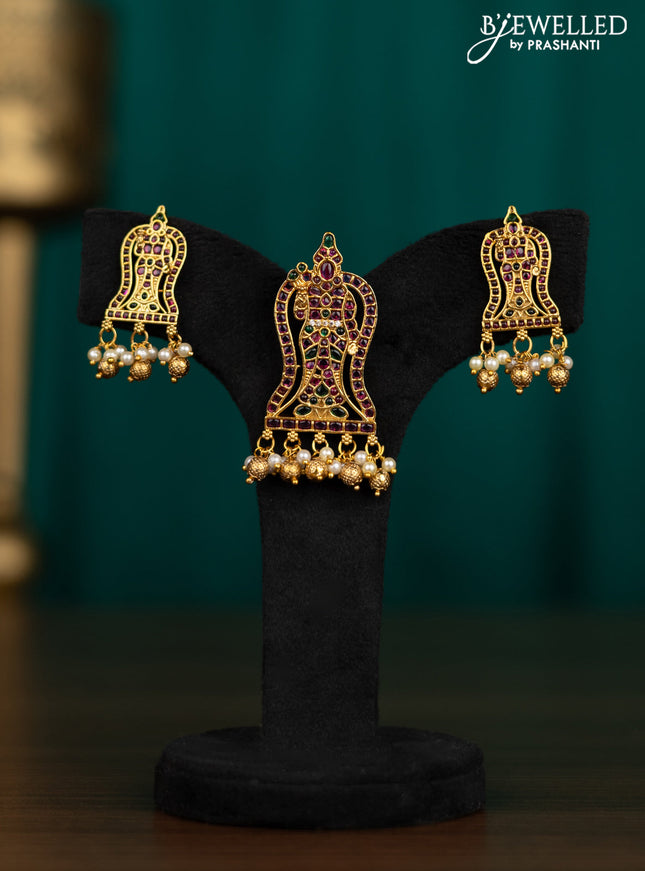 Antique pendant set tirupati balaji design with kemp & cz stones pearl & golden beads hanging