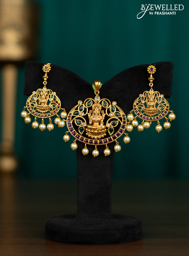 Antique pendant set lakshmi design with kemp & cz stones pearl hangings