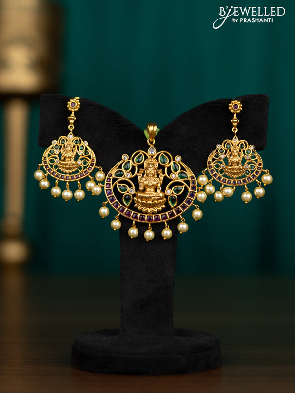 Antique pendant set lakshmi design with kemp & cz stones pearl hangings
