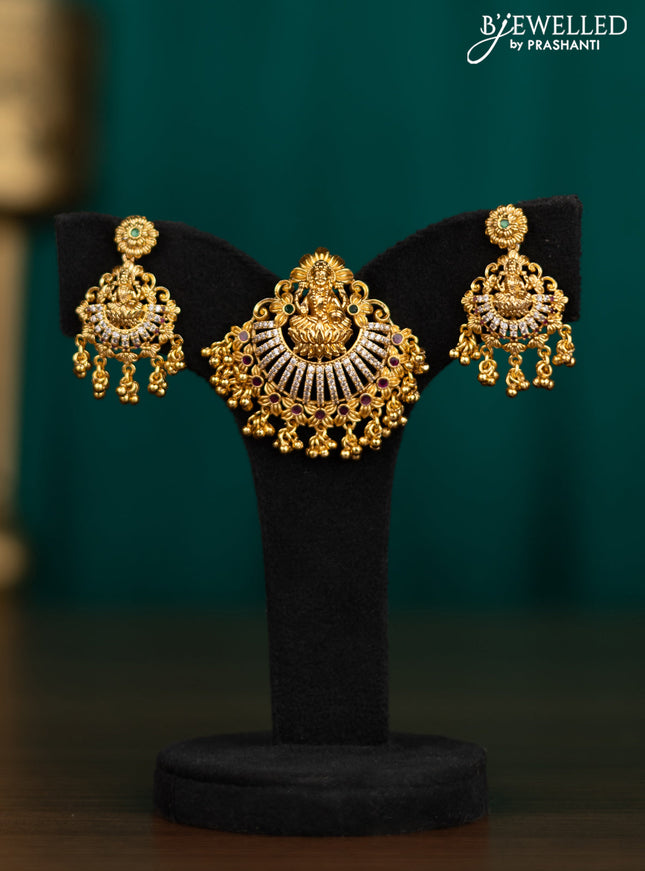 Antique pendant set lakshmi design with kemp & cz stones and pearl hangings