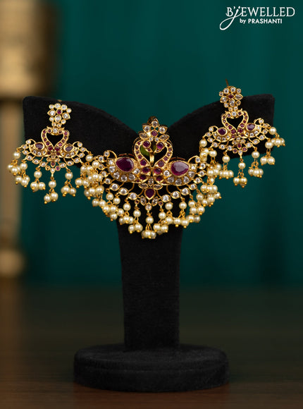 Antique pendant set double peacock design with pink kemp & cz stones and pearl hangings