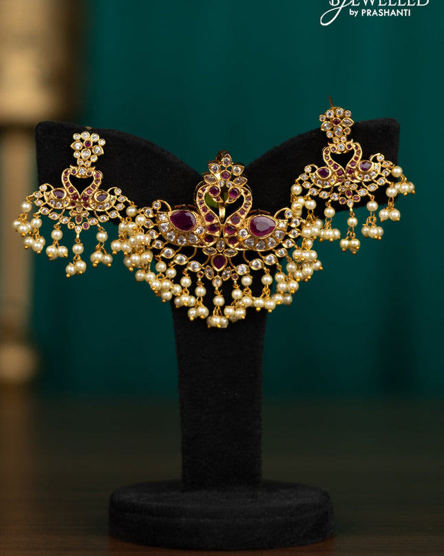 Antique pendant set double peacock design with pink kemp & cz stones and pearl hangings