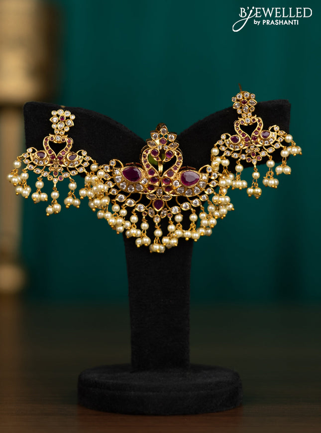 Antique pendant set double peacock design with pink kemp & cz stones and pearl hangings