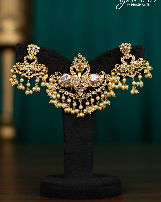 Antique pendant set double peacock design with cz stones and pearl hangings