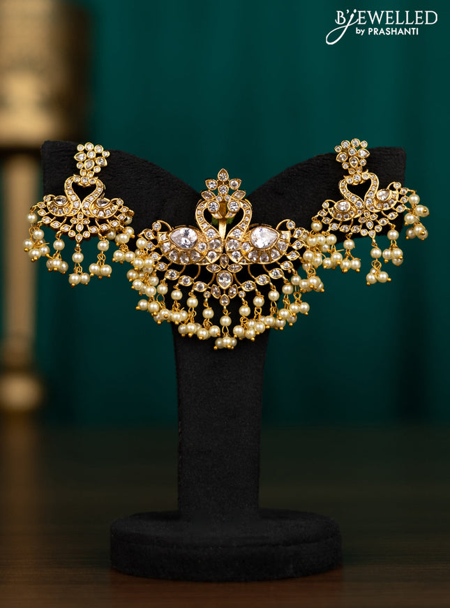 Antique pendant set double peacock design with cz stones and pearl hangings