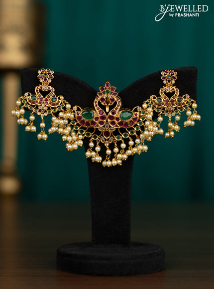 Antique pendant set double peacock design with kemp & cz stones and pearl hangings