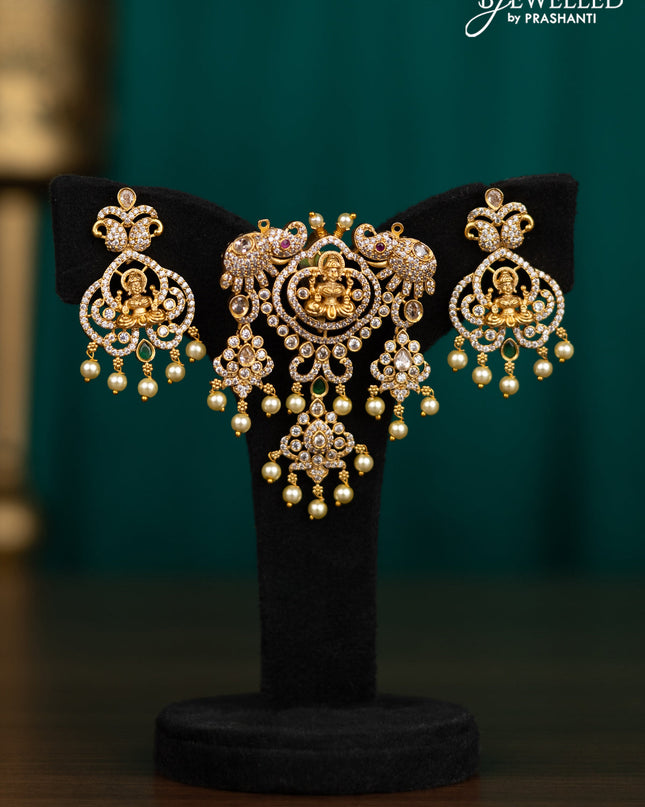 Antique pendant set lakshmi design with kemp & cz stones and pearl hangings