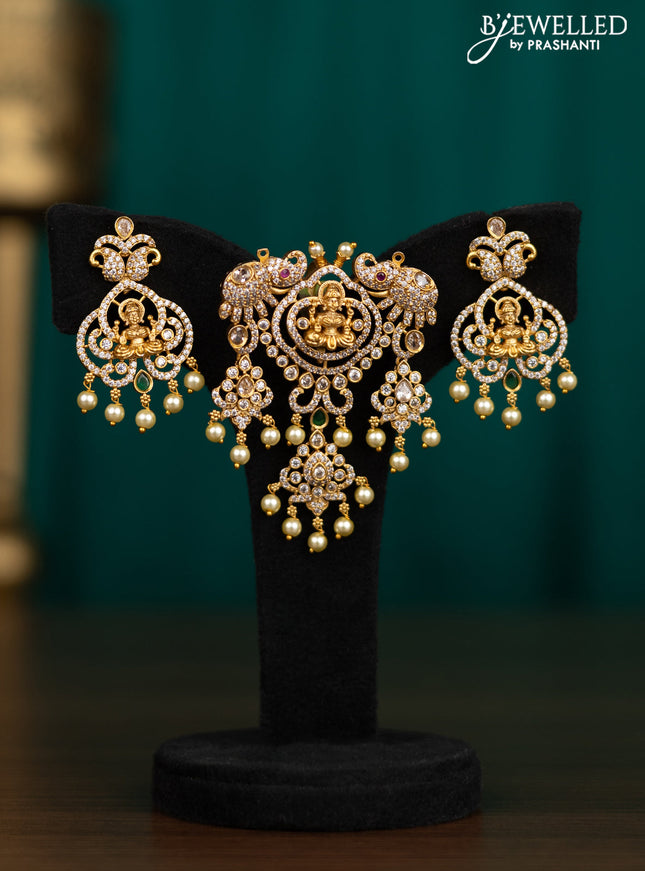 Antique pendant set lakshmi design with kemp & cz stones and pearl hangings