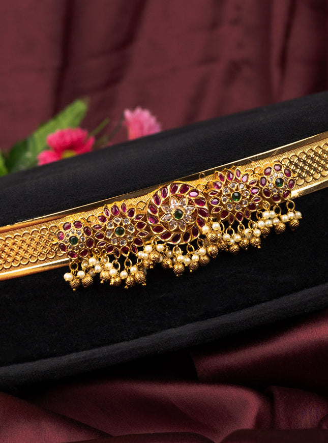 Antique self embosse hip belt floral design with kemp & cz stones and pearl hangings