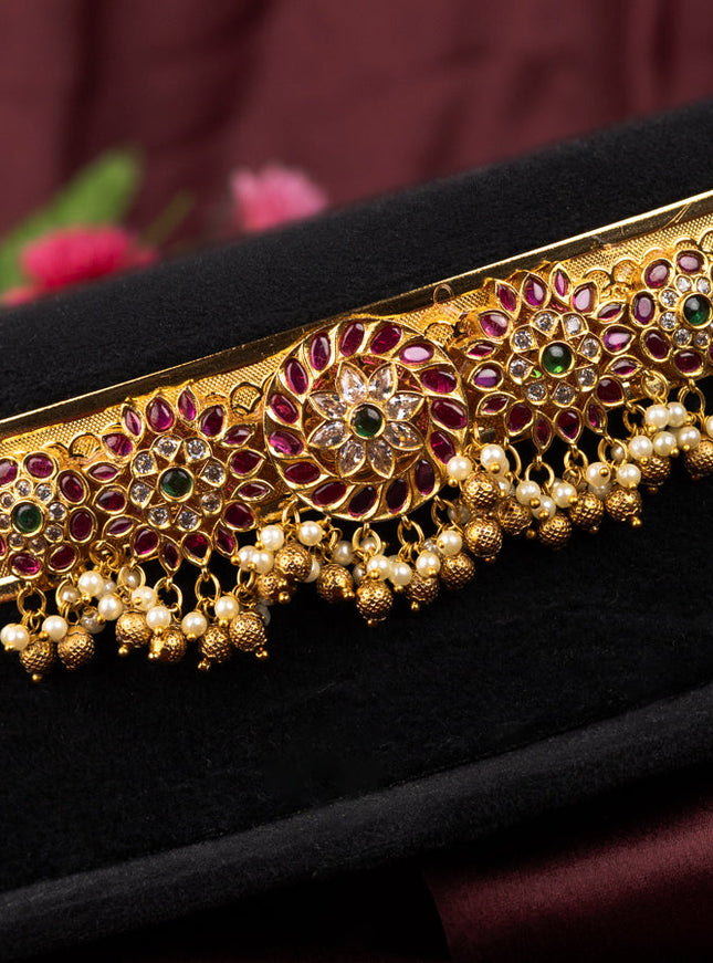 Antique self embosse hip belt floral design with kemp & cz stones and pearl hangings