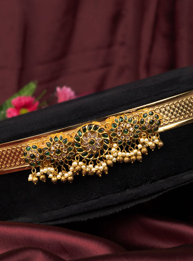 Antique self embosse hip belt floral design with green kemp & cz stones and pearl hangings