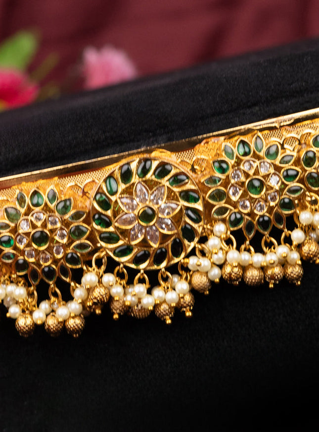 Antique self embosse hip belt floral design with green kemp & cz stones and pearl hangings