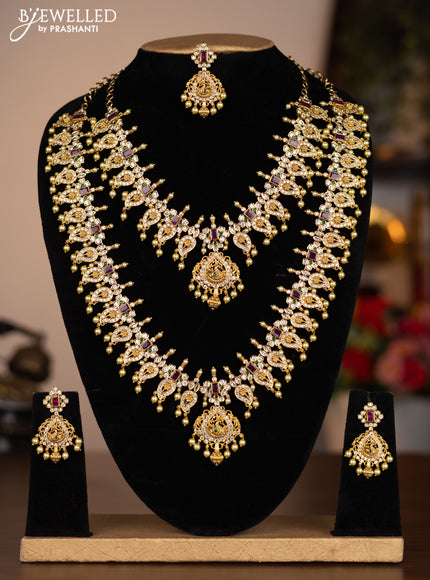 Antique combo set peacock design with kemp & cz stones and pearl hangings