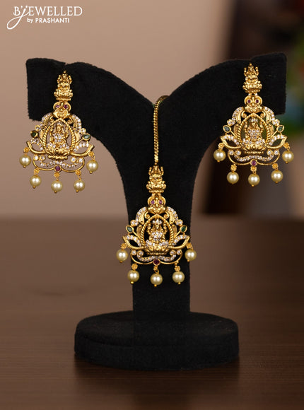 Antique combo set lakshmi design with kemp & cz stones and pearl hangings