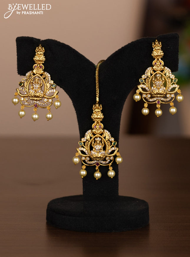 Antique combo set lakshmi design with kemp & cz stones and pearl hangings