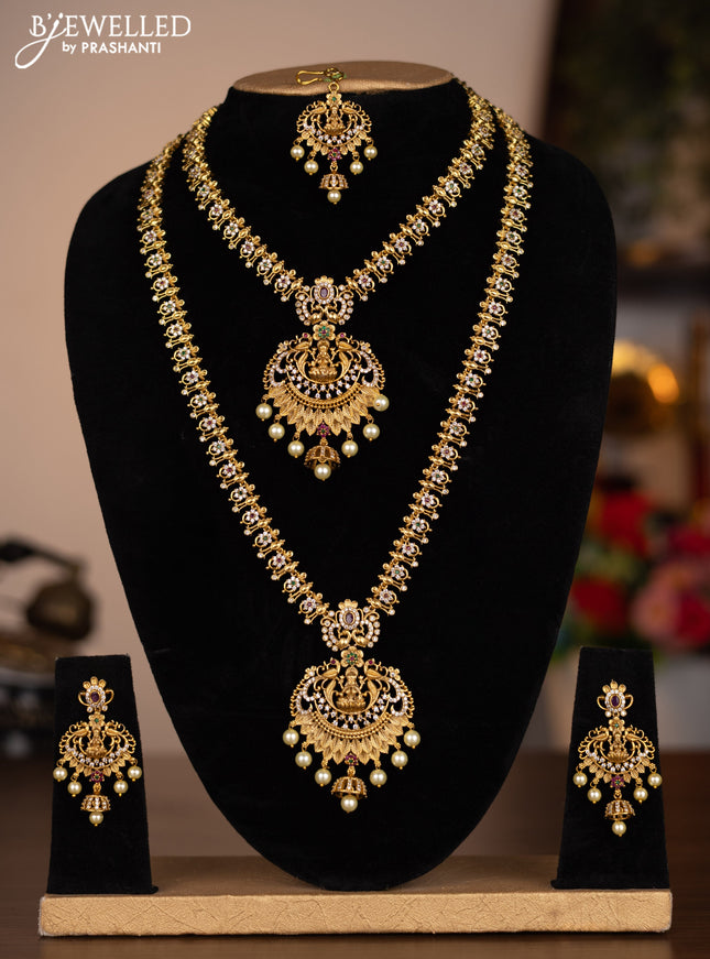 Antique combo set lakshmi design with kemp & cz stones and pearl hangings