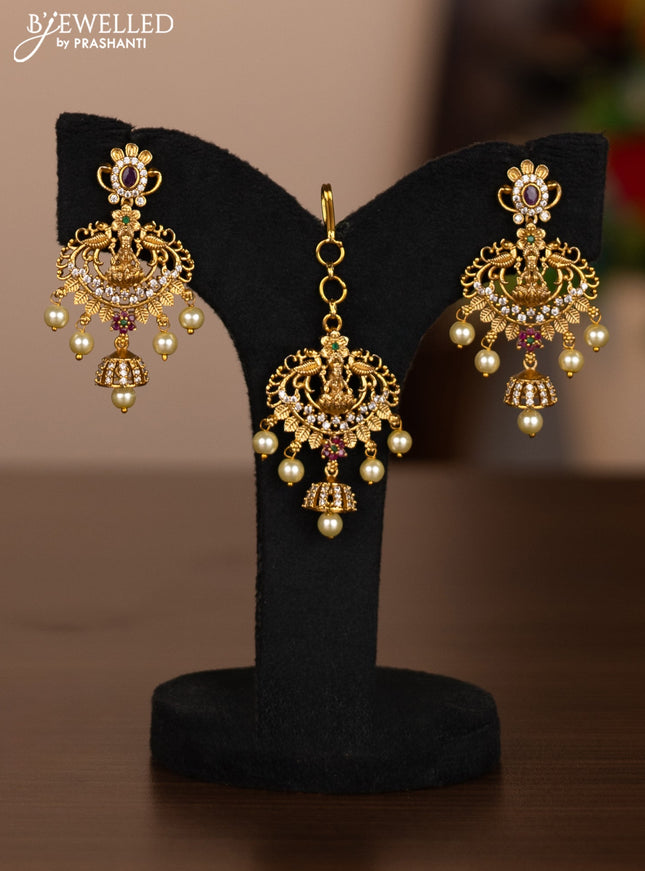 Antique combo set lakshmi design with kemp & cz stones and pearl hangings
