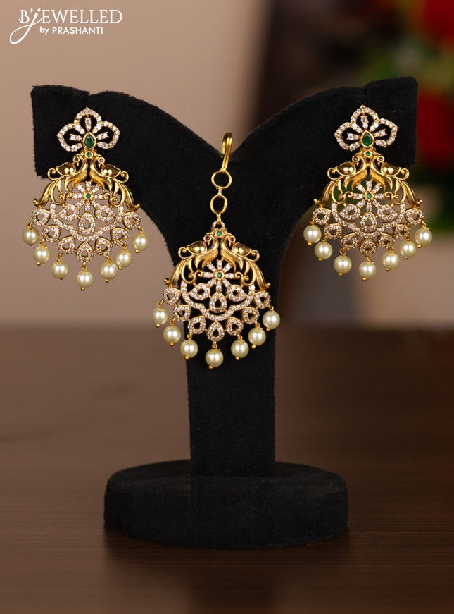 Antique combo set peacock & manga design with kemp & cz stones and pearl hangings