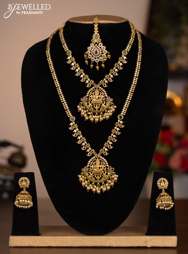 Antique combo set lakshmi pendant with kemp & cz stones and pearl hangings