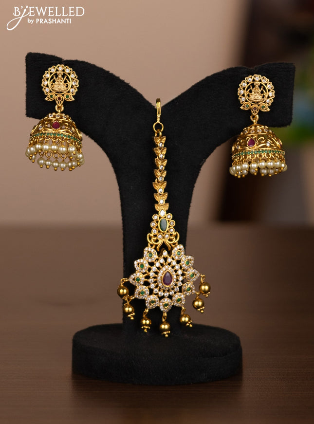 Antique combo set lakshmi pendant with kemp & cz stones and pearl hangings
